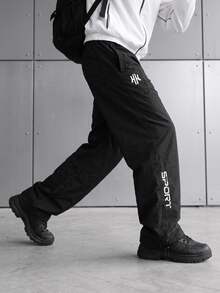 Sport MetroGents Men's Casual Letter Print Drawstring Waist Sports Pants - Black - View 1