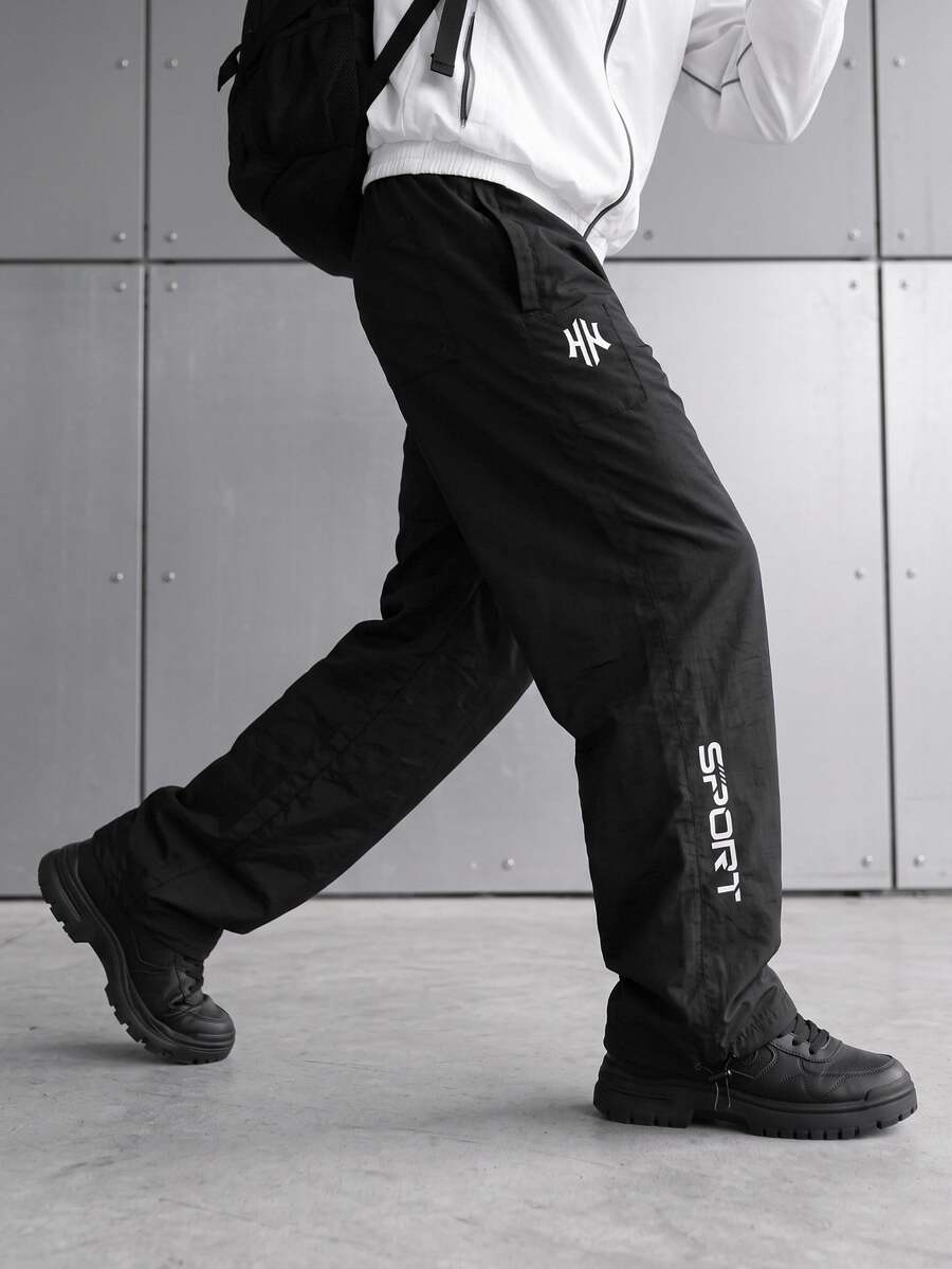 Sport MetroGents Men's Casual Letter Print Drawstring Waist Sports Pants - Black - View 1