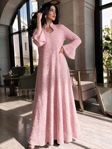Graceveil Light Pink Lace Stand Collar Long Robe Dress, Flared Long Sleeve Middle Eastern Muslim Maxi Skirt - Pink - View 4