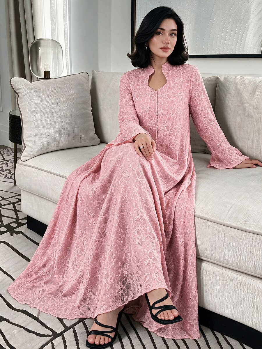 Graceveil Light Pink Lace Stand Collar Long Robe Dress, Flared Long Sleeve Middle Eastern Muslim Maxi Skirt