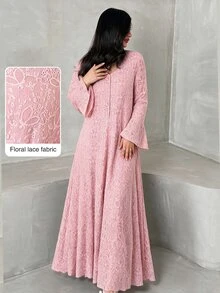Graceveil Light Pink Lace Stand Collar Long Robe Dress, Flared Long Sleeve Middle Eastern Muslim Maxi Skirt - Pink - View 12