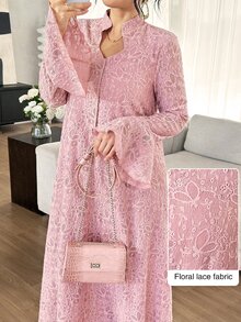 Graceveil Light Pink Lace Stand Collar Long Robe Dress, Flared Long Sleeve Middle Eastern Muslim Maxi Skirt - Pink - View 6