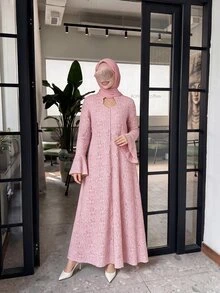Graceveil Light Pink Lace Stand Collar Long Robe Dress, Flared Long Sleeve Middle Eastern Muslim Maxi Skirt - Pink - View 8