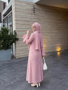Graceveil Light Pink Lace Stand Collar Long Robe Dress, Flared Long Sleeve Middle Eastern Muslim Maxi Skirt - Pink - View 3