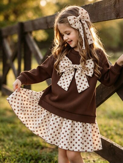 SHEIN Vintaside Kids Girls' Casual Retro Polka Dot Print Ruffle Front Cute Big Bow Design Round Neck Split Long Sleeve Sweatshirt Dress, Suitable For Outings, Daily Wear, Shopping, Back To School, Cute Outfit
