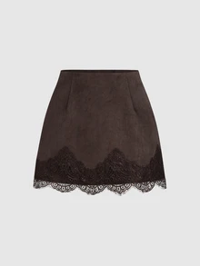 SHEIN x Luisa Sonza Sweetra 法式優雅復古麂皮棕色時尚蕾絲拼接休閒設計慵懶早春新款辣妹高端女款裙 - 棕色 - 查看 1