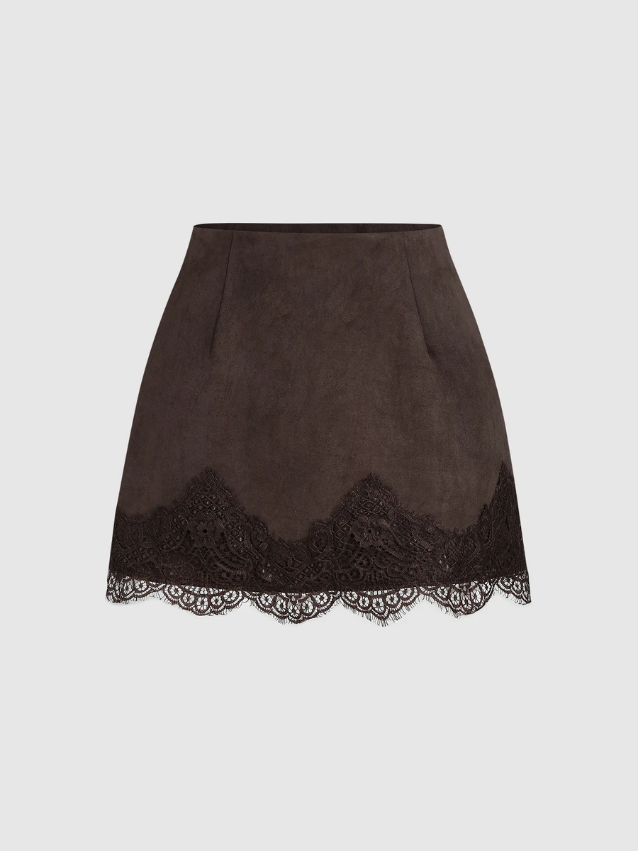 SHEIN x Luisa Sonza Sweetra 法式優雅復古麂皮棕色時尚蕾絲拼接休閒設計慵懶早春新款辣妹高端女款裙 - 棕色 - 查看 1