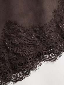 SHEIN x Luisa Sonza Sweetra 法式優雅復古麂皮棕色時尚蕾絲拼接休閒設計慵懶早春新款辣妹高端女款裙 - 棕色 - 查看 3