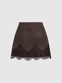 SHEIN x Luisa Sonza Sweetra 法式優雅復古麂皮棕色時尚蕾絲拼接休閒設計慵懶早春新款辣妹高端女款裙 - 棕色 - 查看 2