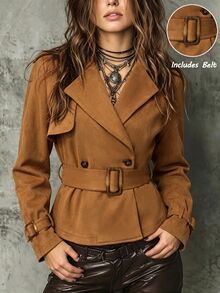 SHEIN Spring Caramel Color Lapel Short Jacket With Matching Waist Tie, Elegant Style, Suitable For Graduation, Christmas, Commuting, Vacation And Other Occasions. Women's Casual Jacket - Brown - View 4
