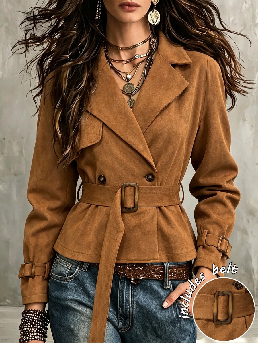 SHEIN Spring Caramel Color Lapel Short Jacket With Matching Waist Tie, Elegant Style, Suitable For Graduation, Christmas, Commuting, Vacation And Other Occasions. Women's Casual Jacket - Brown - View 1