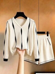 SHEIN Women's New V-Neck Off-White Long Sleeve Sweater 2 Pieces Outfit, Casual Boho Daily Commuter Matching Sweater Set Everyday Travel Autumn - Multicolor - View 6