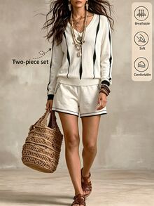 SHEIN Women's New V-Neck Off-White Long Sleeve Sweater 2 Pieces Outfit, Casual Boho Daily Commuter Matching Sweater Set Everyday Travel Autumn - Multicolor - View 7