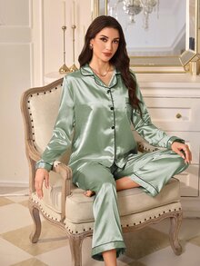 LuxeNights Contrast Piping Satin PJ Set - Green - View 4