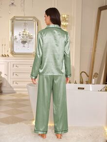 LuxeNights Contrast Piping Satin PJ Set - Green - View 2
