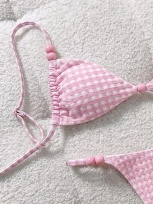 SHEIN Swim Women's Summer Plaid Jacquard Fabric Spaghetti Strap Pink And White Bead Decor Bikini Set Beach Party Sexy Elegant - Pink - View 4