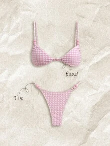 SHEIN Swim Women's Summer Plaid Jacquard Fabric Spaghetti Strap Pink And White Bead Decor Bikini Set Beach Party Sexy Elegant - Pink - View 6