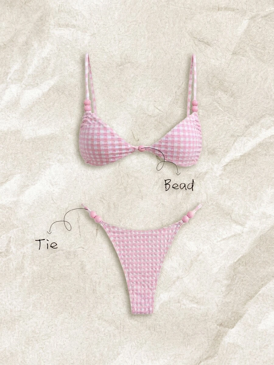 SHEIN Swim Women's Summer Plaid Jacquard Fabric Spaghetti Strap Pink And White Bead Decor Bikini Set Beach Party Sexy Elegant - Pink - View 1