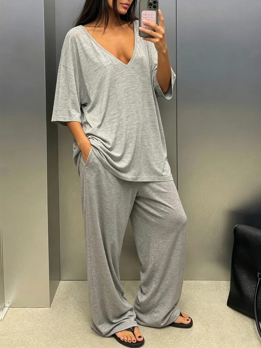 INAWLY Solva Women's Solid Color Deep V-Neck 3/4 Sleeve T-Shirt And Long Pants Casual 2-Piece Set - Grey - View 1
