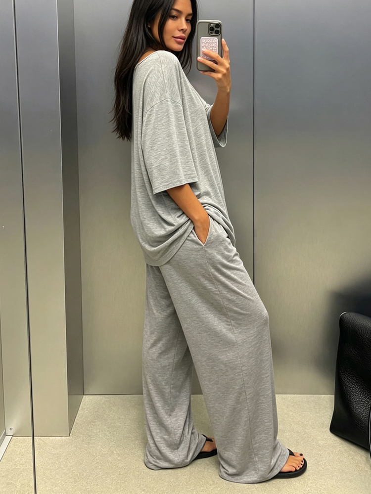 INAWLY Solva Women's Solid Color Deep V-Neck 3/4 Sleeve T-Shirt And Long Pants Casual 2-Piece Set - Grey - View 5