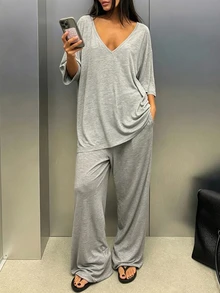 INAWLY Solva Women's Solid Color Deep V-Neck 3/4 Sleeve T-Shirt And Long Pants Casual 2-Piece Set - Grey - View 3