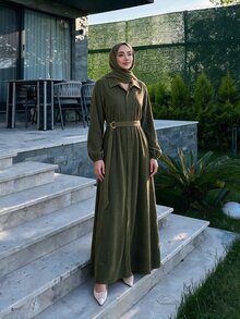 Graceveil Army Green Corduroy Collared Long Robe Dress With Metal Ring Waist Belt, Long Sleeve Muslim Conservative Dress - Army Green - View 4