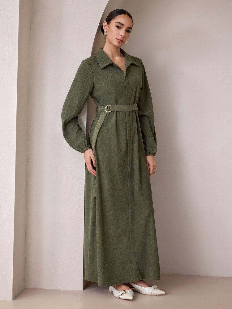 Graceveil Army Green Corduroy Collared Long Robe Dress With Metal Ring Waist Belt, Long Sleeve Muslim Conservative Dress - Army Green - View 8