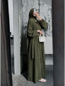 Graceveil Army Green Corduroy Collared Long Robe Dress With Metal Ring Waist Belt, Long Sleeve Muslim Conservative Dress - Army Green - View 2