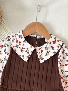 SHEIN Girls' Elegant Fairy Princess Rose Brown Knitted Ribbed Patchwork Floral Digital Print Ruffle Collar 2 In 1 Dress, Fall Thanksgiving 3rd Birthday - Brown - View 3