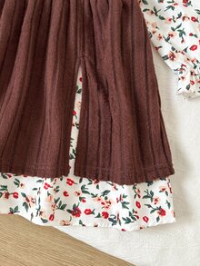 SHEIN Girls' Elegant Fairy Princess Rose Brown Knitted Ribbed Patchwork Floral Digital Print Ruffle Collar 2 In 1 Dress, Fall Thanksgiving 3rd Birthday - Brown - View 4