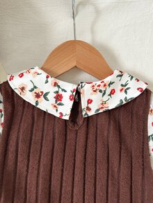 SHEIN Girls' Elegant Fairy Princess Rose Brown Knitted Ribbed Patchwork Floral Digital Print Ruffle Collar 2 In 1 Dress, Fall Thanksgiving 3rd Birthday - Brown - View 5