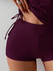 Swim Basics 2pcs/Set Olive Green Twist Cup Criss-Cross Back Ruched Tie Side Women Swimwear Set - Burgundy - View 3