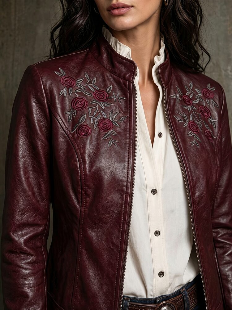 LUMIGAL Jaket Lengan Panjang Wanita Motif Bunga dengan Resleting, Kasual, Serbaguna untuk Pemakaian Sehari-hari - Burgundy - View 4