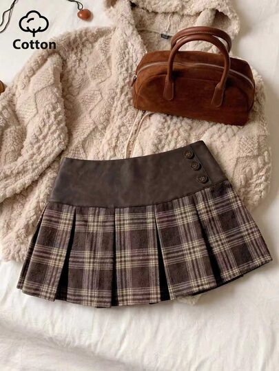 SHEIN EZwear Falda a cuadros marrón para mujer 2026, falda plisada estilo preppy Y2K de Halloween con paneles de PU, para uso diario, escuela, estilo académico y fiestas de otoño