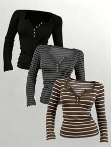 Lalippa Women's Button Front Scoop Neck Long Sleeve Slim Fit Casual T-Shirt,Spring Fall Daily Wear - Multicolor - View 1