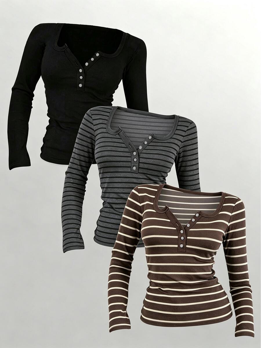Lalippa Women's Button Front Scoop Neck Long Sleeve Slim Fit Casual T-Shirt,Spring Fall Daily Wear - Multicolor - View 1