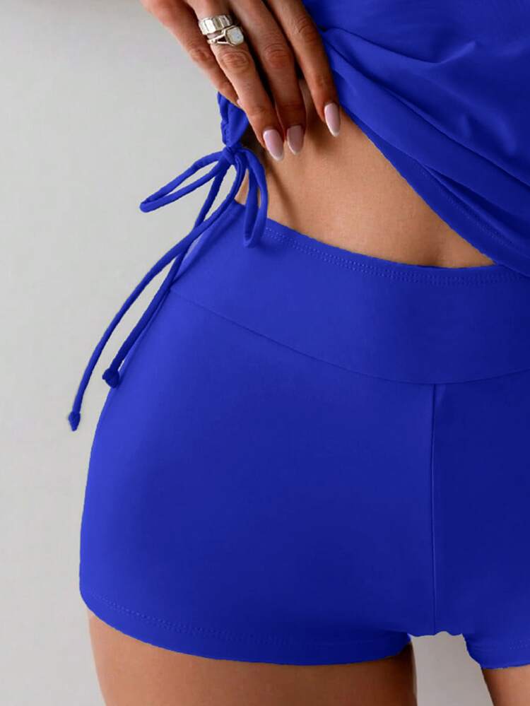 Swim Basics Set de 2 piezas de traje de baño para mujer con parte superior con espalda cruzada y Bottom con lazo lateral fruncido, color verde oliva - azul real - Añade 4