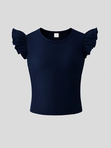 SHEIN Tween Girls 2pcs/Set Navy Blue Knit Texture Round Neck Cap Sleeve Top And Woven Floral Print Straight Leg Pants School Holiday Light Blue Summer Cute - Royal Blue - View 5