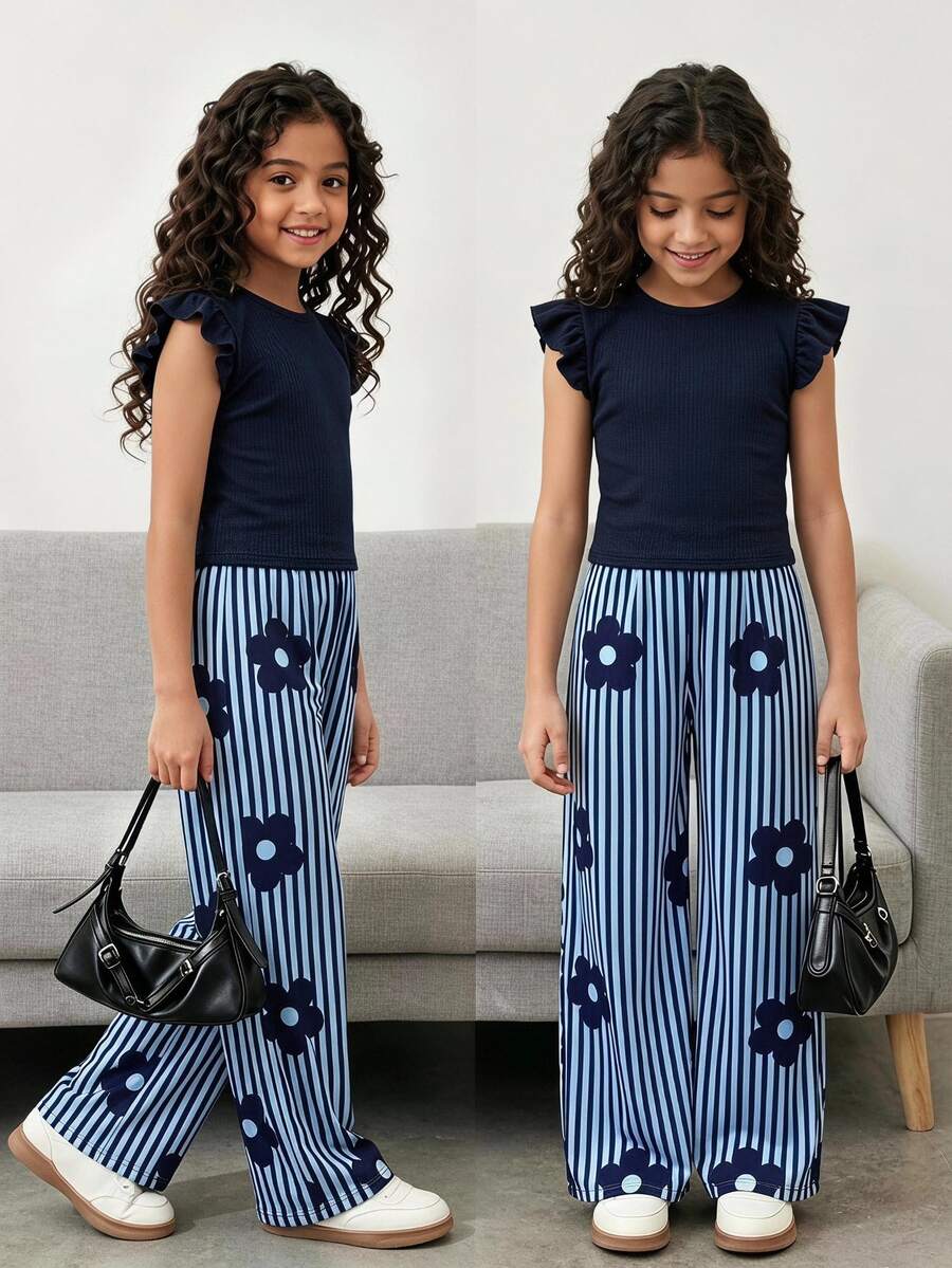 SHEIN Tween Girls 2pcs/Set Navy Blue Knit Texture Round Neck Cap Sleeve Top And Woven Floral Print Straight Leg Pants School Holiday Light Blue Summer Cute - Royal Blue - View 1
