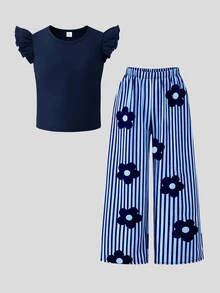 SHEIN Tween Girls 2pcs/Set Navy Blue Knit Texture Round Neck Cap Sleeve Top And Woven Floral Print Straight Leg Pants School Holiday Light Blue Summer Cute - Royal Blue - View 4