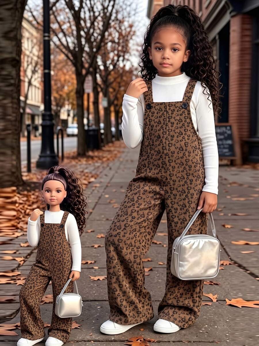 Elladie kids 女童可愛白色印花羅紋連身褲,2026秋冬時尚寬腿吊帶褲,7歲生日婚禮冬季仙女公主風 - 棕色 - 查看 1