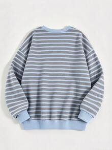 SHEIN 女孩用一件式長袖運動衫，中性藍白配色拼色條紋，復古休閒寬鬆圓領上衣，適合秋季穿著 - 彩色 - 查看 4