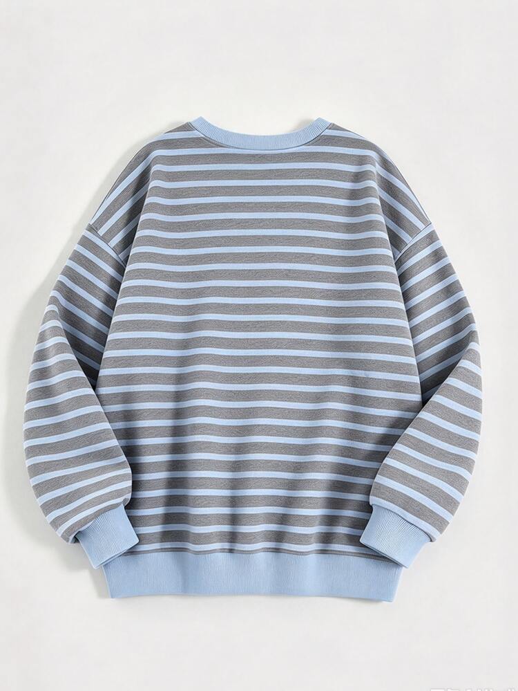 SHEIN One-Piece Long-Sleeve Sweatshirt With Neutral Blue And White Block Stripes, Vintage Casual Loose Crew Neck Top For Girls, Suitable For Autumn Wear - Multicolor - View 4