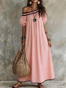 Breezaya Off-Shoulder Kleid mit Kontrastfarbe, luftiges Kleid mit Puffärmeln, geeignet für Sommerurlaub am Strand, Oster-Gartenpicknick, lässige Kleidung für Musikfestivals - Pink - Übersicht 4