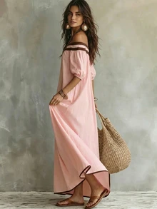 Breezaya Off-Shoulder Kleid mit Kontrastfarbe, luftiges Kleid mit Puffärmeln, geeignet für Sommerurlaub am Strand, Oster-Gartenpicknick, lässige Kleidung für Musikfestivals - Pink - Übersicht 2