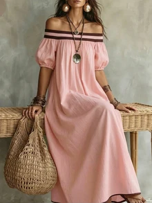 Breezaya Off-Shoulder Kleid mit Kontrastfarbe, luftiges Kleid mit Puffärmeln, geeignet für Sommerurlaub am Strand, Oster-Gartenpicknick, lässige Kleidung für Musikfestivals - Pink - Übersicht 6