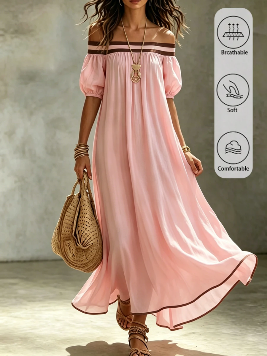 Breezaya Off-Shoulder Kleid mit Kontrastfarbe, luftiges Kleid mit Puffärmeln, geeignet für Sommerurlaub am Strand, Oster-Gartenpicknick, lässige Kleidung für Musikfestivals - Pink - Übersicht 1