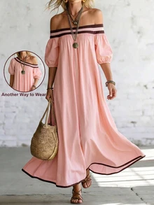 Breezaya Off-Shoulder Kleid mit Kontrastfarbe, luftiges Kleid mit Puffärmeln, geeignet für Sommerurlaub am Strand, Oster-Gartenpicknick, lässige Kleidung für Musikfestivals - Pink - Übersicht 5