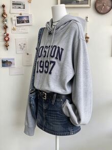 Collagica Collagica Women's Applique Embroidered Hooded Drop Shoulder Long Sleeve Sweatshirt - Light Grey - View 3