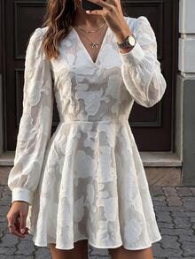 INAWLY Autumn New Premium Embossed Rose Hollow Lace Dress With Ruffled Pearl Small Round Neck, Puff Long Sleeves, Cinched Waist And Full Skirt - White - View 4